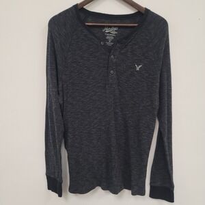 American Eagle Mens‎ Preppy Y2K Thermal Henley Shirt Size L Gray Raglan Sleeve